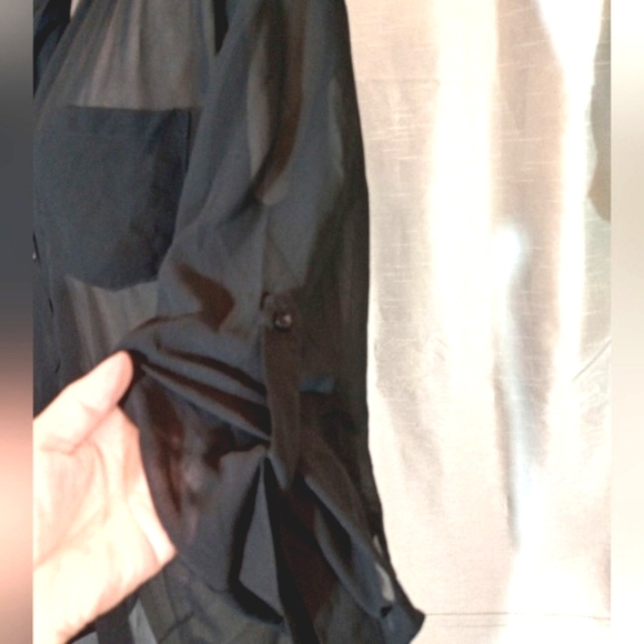 Nazz Couture Blouse, Women, Roll Tab Sleeve, 1/2 BttnUp, Black,Pckt, see thru, L - Picture 5 of 11
